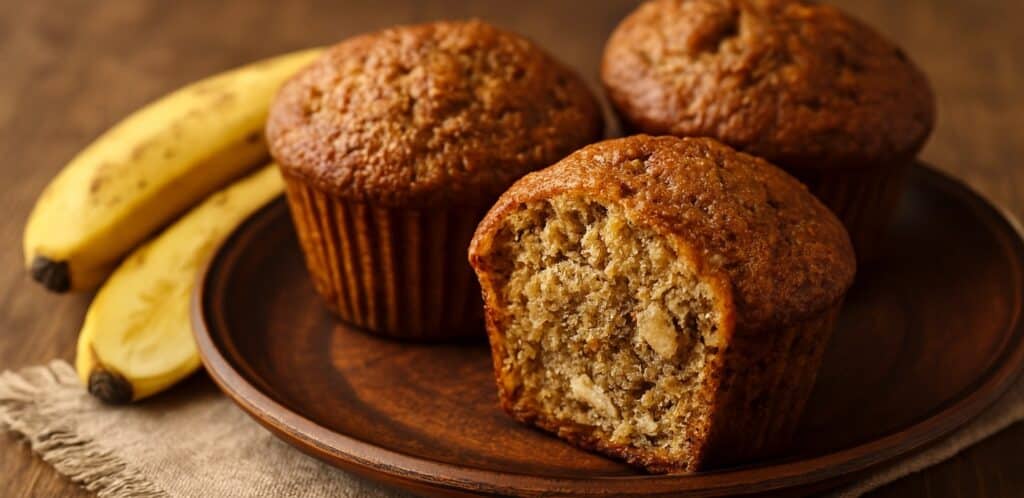 Freshly baked banana bread muffins with a golden, moist texture, topped with a light dusting of coconut flakes and served on a rustic wooden table.