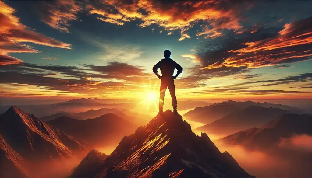 - A person standing triumphantly on a mountain peak at sunrise, looking over a breathtaking landscape. The sky is painted with hues of orange, pink