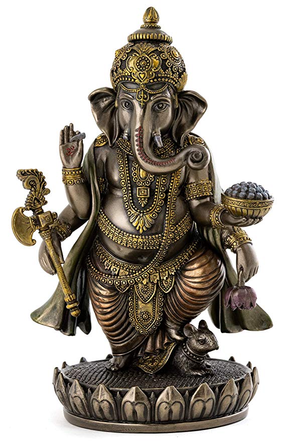 A statue of Ganesh, a Hindu diety depicted with a chubby boys body and an elephant head holding an axe, a bowl of treats, a broken tusk and a rosary. 