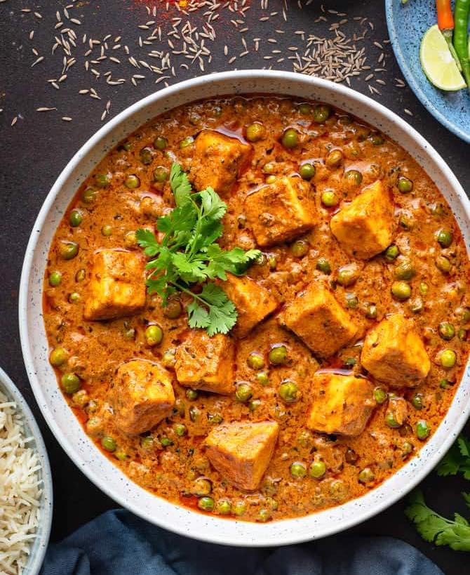 Matar Paneer (Peas and Cooked Cottage Cheese)