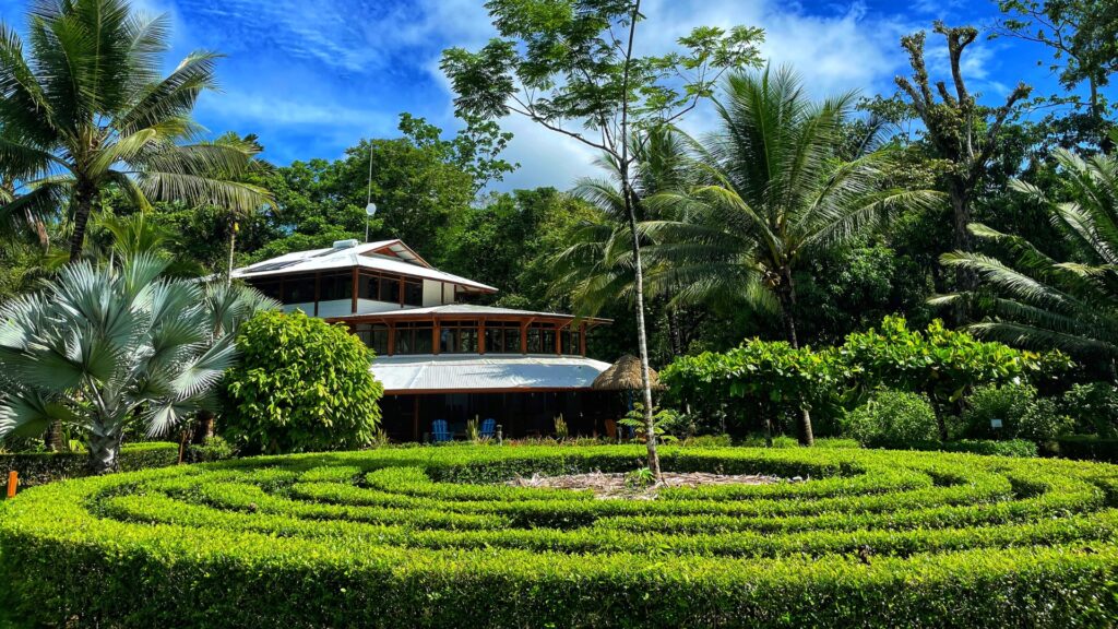 An outside view of Blue Osa's yoga shala and labyrinth in Costa Rica. 