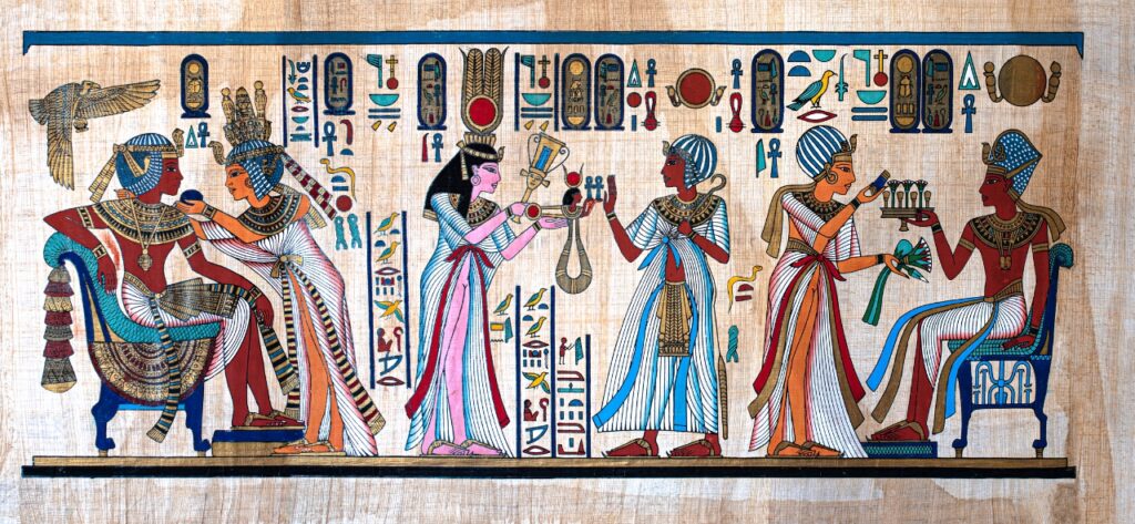 Colorful artwork of three sets of Egyptians interacting with each other. 