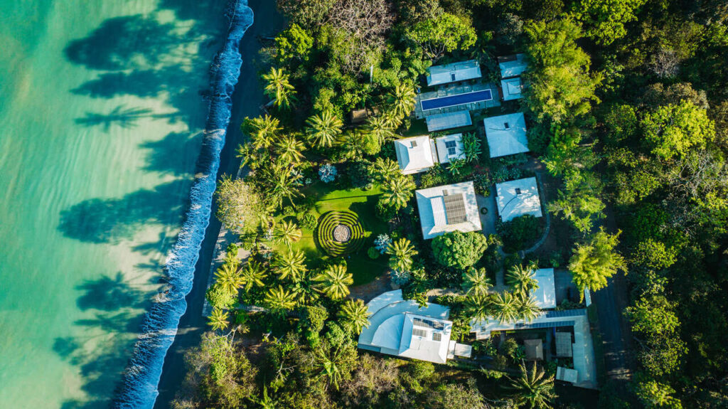 Aerial view of Blue Osa — one of the best yoga teacher trainings in the world on the Osa Peninsula Costa Rica | award winning yoga retreat Costa Rica Blue Osa beachfront Osa Peninsula aerial view
