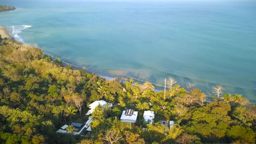 Aerial view of Blue Osa beachfront yoga retreat property on Osa Peninsula Costa Rica