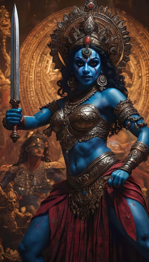 ai generated, hindu, style, goddess, kali, india, indian, hinduism, religion, culture, tradition, woman, fierce, sword, kali, kali, kali, kali, kali deity
