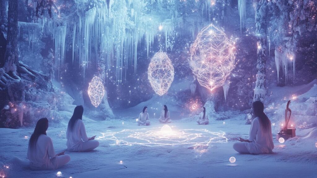 christmas, mysticism, esotericism, spiritual, snow, energy, sacred, holiness, christmas tree, nature, winter, symbol, glow, trees, dimension, consecration, star, forest, candles, meditation, channeling, spiritual guide, magic, and generated Winter solstice darkness inner work yoga seasonal practice shadow