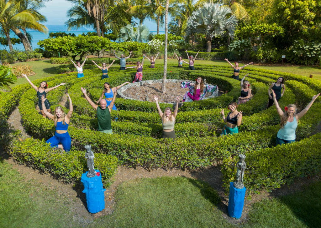 Yoga retreat with Amanda students celebrating life and yoga at blue osa labyrinth leadership teacher trainings yoga for personal transformation yoga philosophy yoga to overcome fears