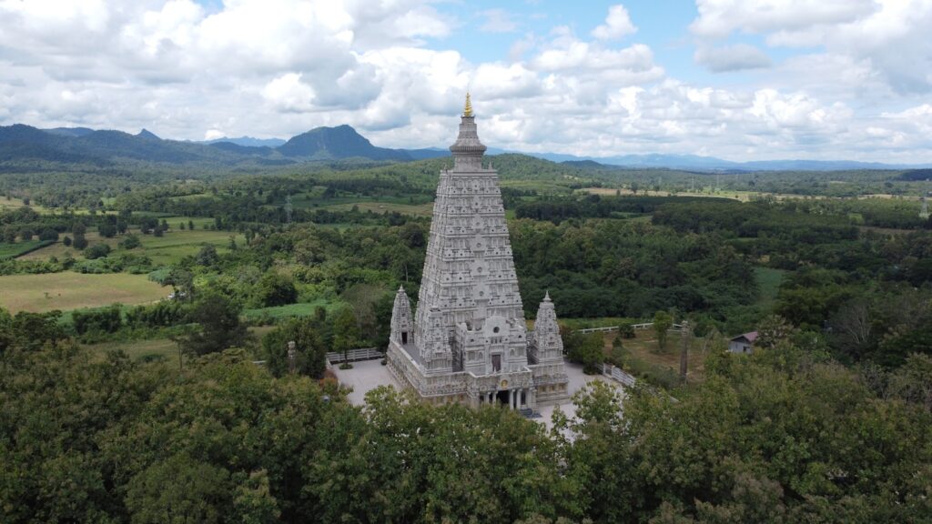 an aerial view of a temple surrounded by trees
Bodh Gaya Buddha enlightenment Bodhi tree India pilgrimage meditation sacred